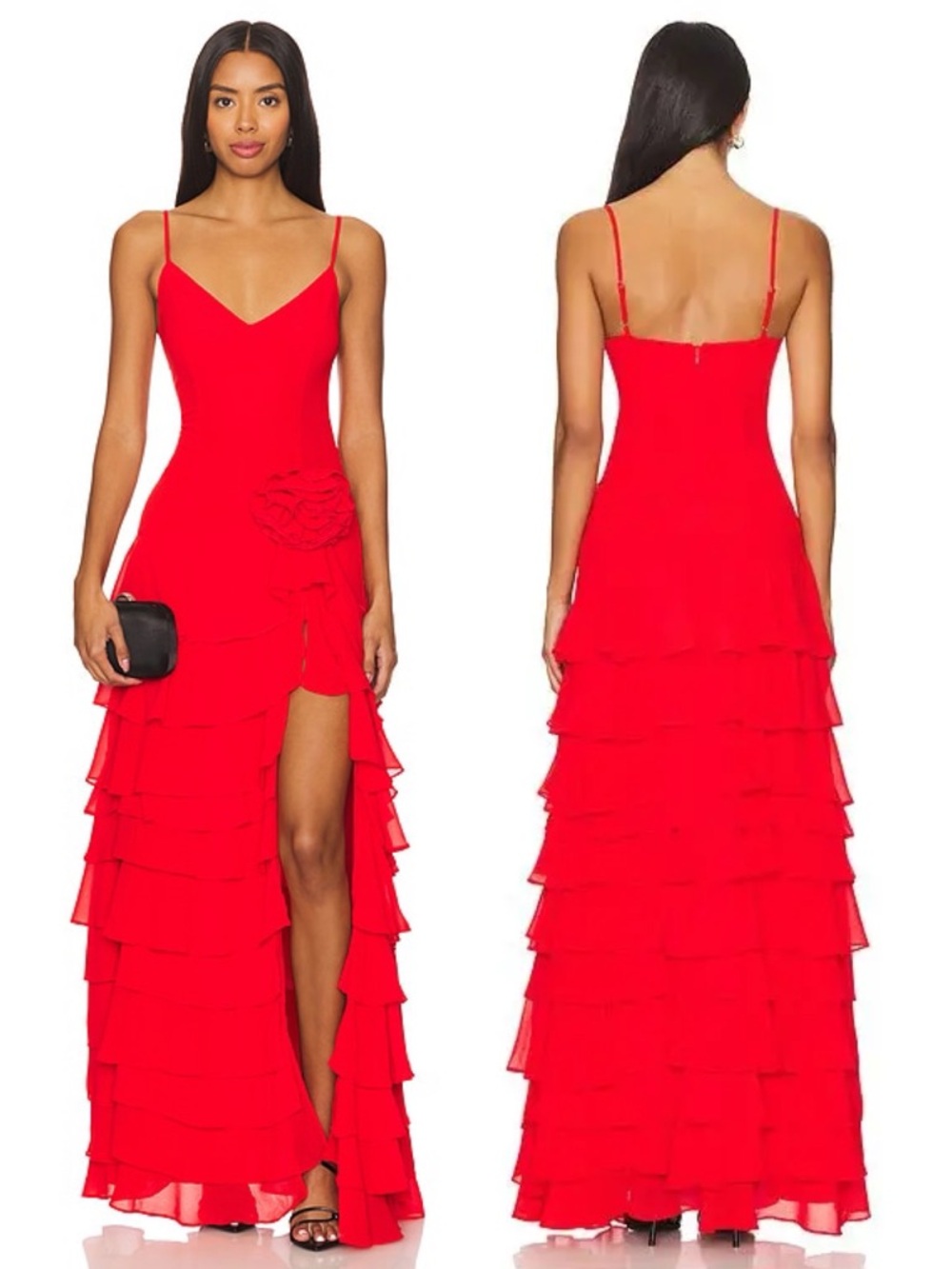 NBD Aliza Tiered Gown Maxi Dress Red High Slit Adjustable Straps NEW with tags